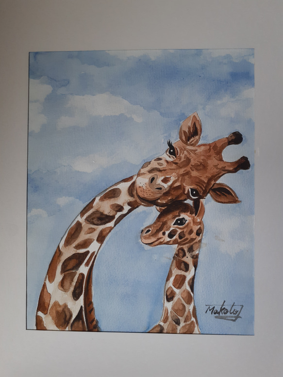 水彩画 キリンの母子愛 絵画 makochin 通販 15998055｜Creema(クリーマ