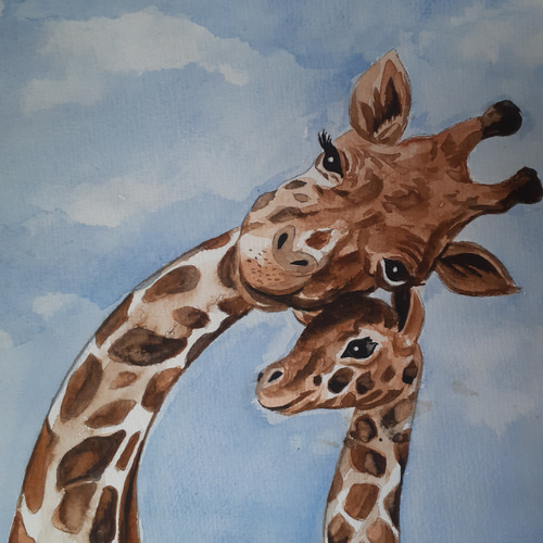 水彩画 キリンの母子愛 絵画 makochin 通販 15998055｜Creema(クリーマ)