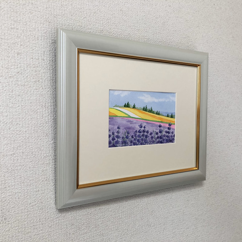 ラベンダー畑03」透明水彩画 原画 風景画 額縁付 ハガキサイズ