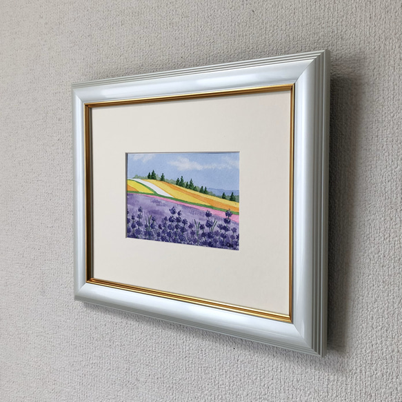 「ラベンダー畑03」透明水彩画　原画　風景画　額縁付　ハガキサイズ 4枚目の画像
