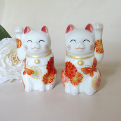 【sale】赤い着物柄の招き猫（ペア）　磁器　ポーセラーツ 7枚目の画像