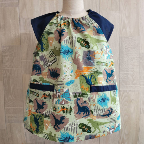 80〜150size スプラッシュ イラスト恐竜 グリーン 半袖スモック  
