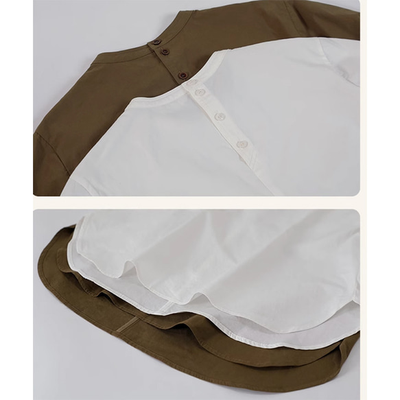 スタンドカラーシャツ　100％コットン半袖シャツ　後ろ襟にボタン　Tシャツ　ホワイトとカーキ　S-Mサイズ　S030 18枚目の画像