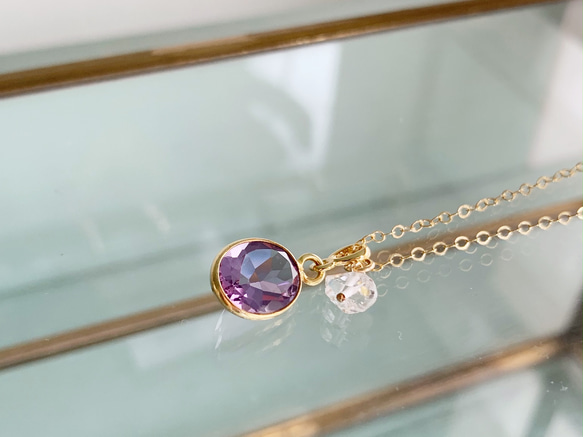 【二四月生辰石】鎮定心靈的紫水晶&amp;赫基默鑽石（水晶）項鍊（K14GF） 第2張的照片