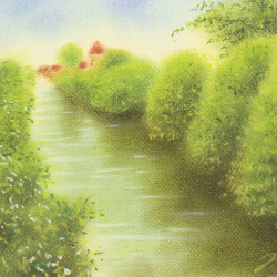 河のある風景（パステル画・マット紙付き） 2枚目の画像