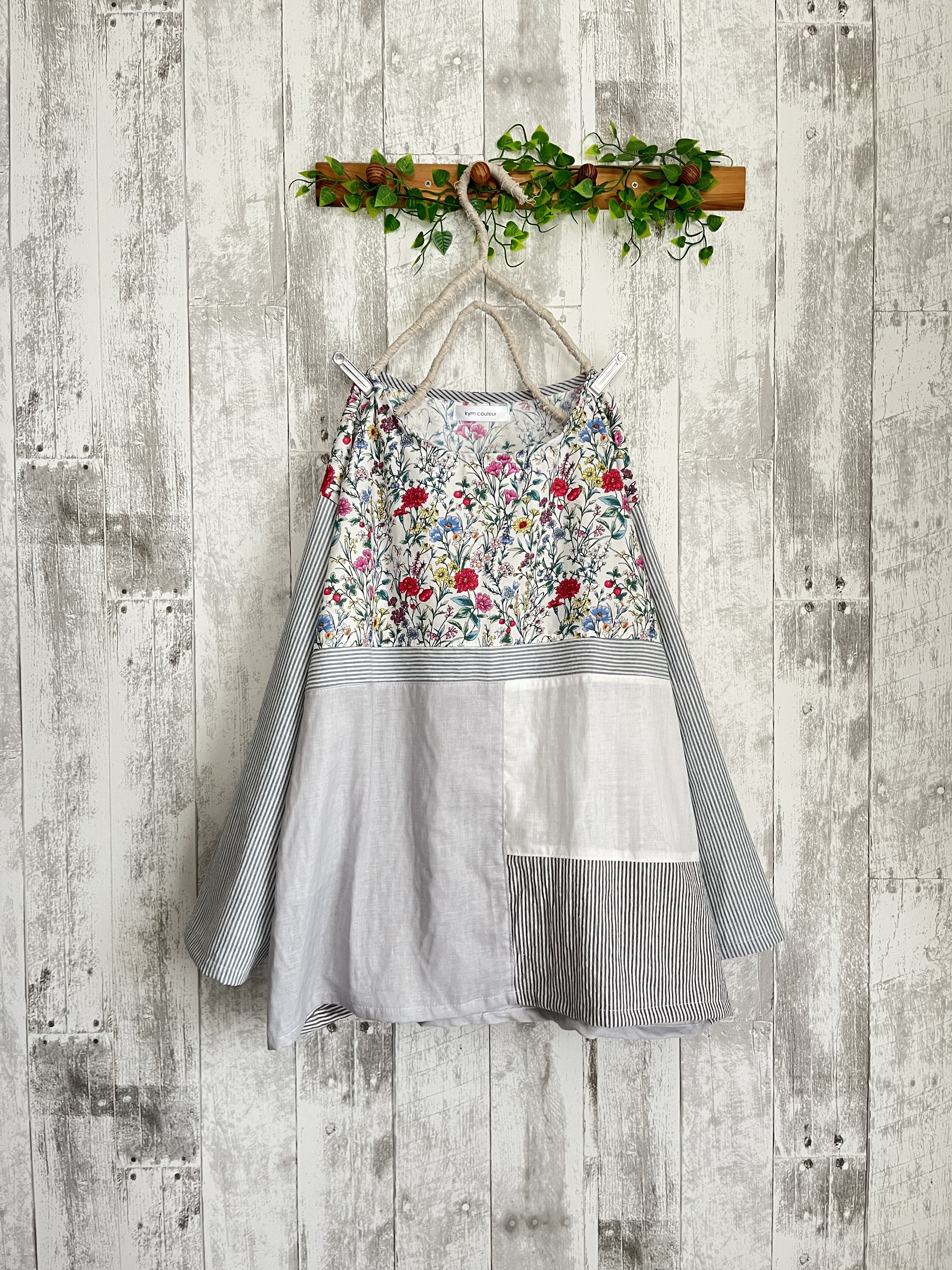 花柄ストライプcottonリネンいろいろパッチオリジナルプルオーバー