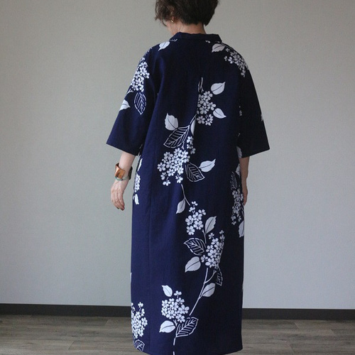 着物リメイク 紫陽花浴衣丸襟前後タックワンピース ワンピース