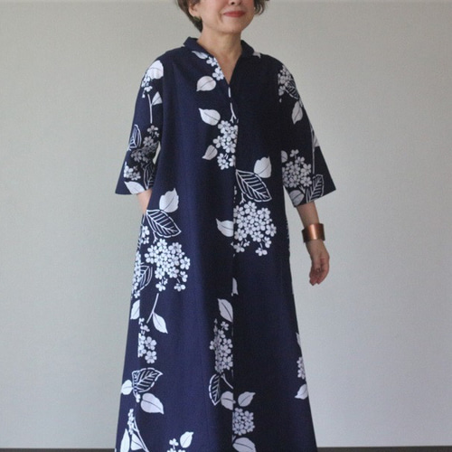 着物リメイク 紫陽花浴衣丸襟前後タックワンピース ワンピース