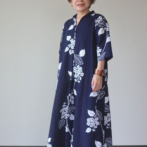 着物リメイク 紫陽花浴衣丸襟前後タックワンピース ワンピース