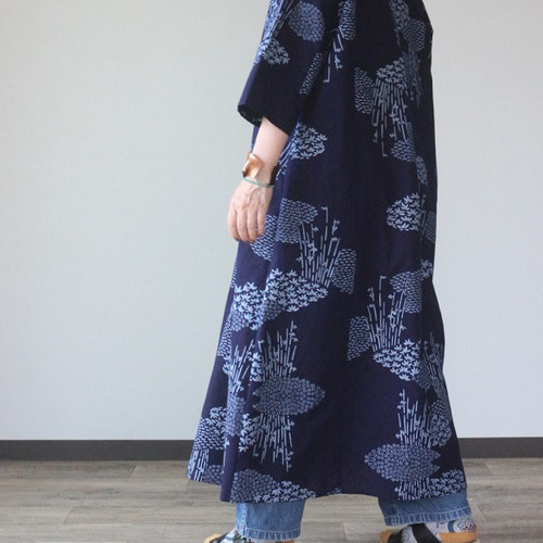 着物リメイク 笹竹模様浴衣丸襟前後タックワンピース ワンピース