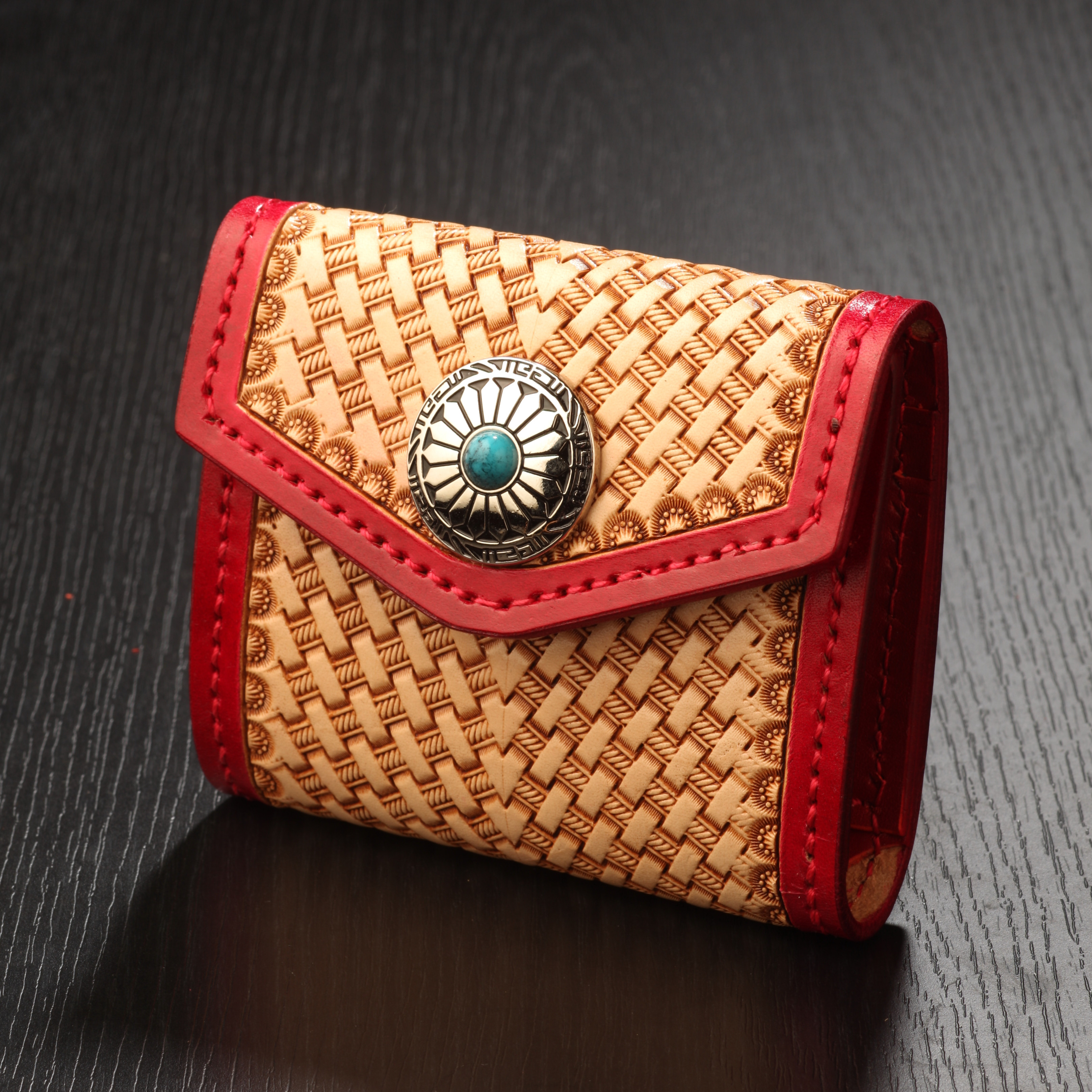 コンチョ付きバスケット刻印　三つ折ミニ財布（RED&TAN)