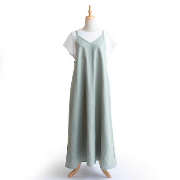大人のミントグリーン【くるぶしマキシ丈の美しいサロペットスカート】サイズSS-3L 　リネン 5枚目の画像