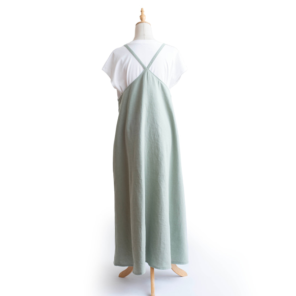大人のミントグリーン【くるぶしマキシ丈の美しいサロペットスカート】サイズSS-3L 　リネン 6枚目の画像