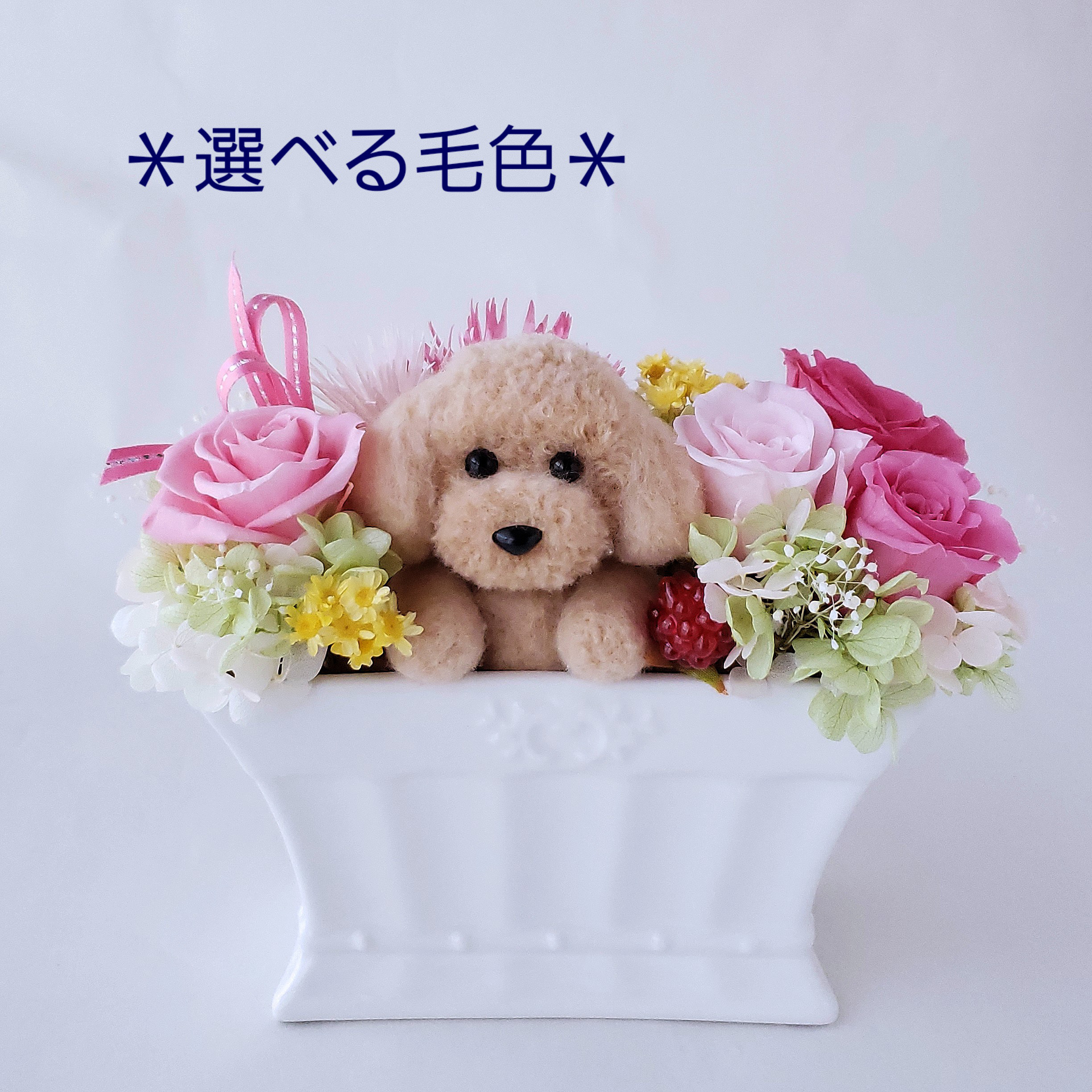 【受注販売】ピンクのプリザーブドフラワーとトイプードル〈選べる毛色〉