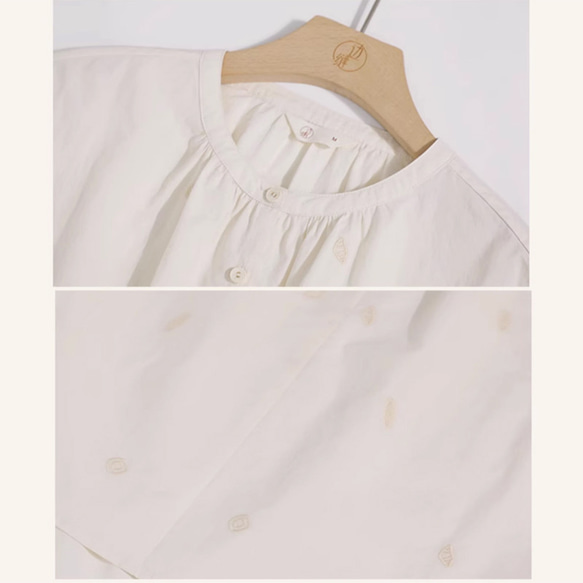 前に刺繍生地シャツ　半袖丸襟シャツ　可愛いギャザー襟　ベージュ　S-Mサイズ　S031 10枚目の画像