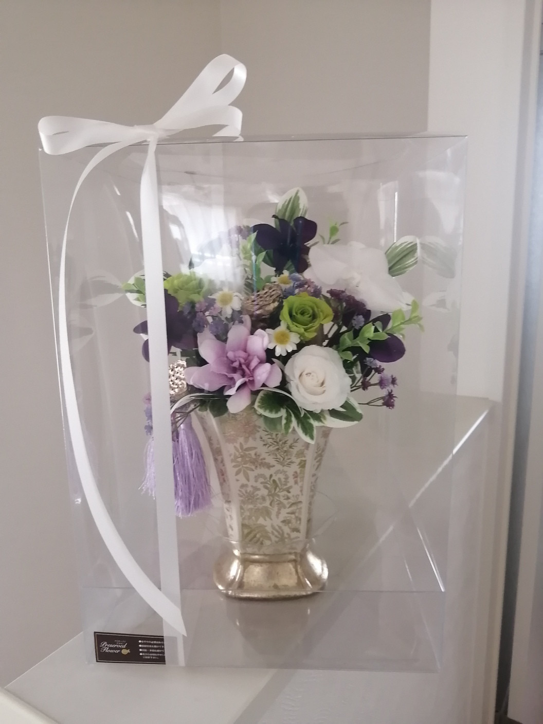 豪華なお供え花B仏花 35cm ケース　仏壇　胡蝶蘭　プリザーブドフラワー「クチナシ」他薔薇　菊　　ケース入り