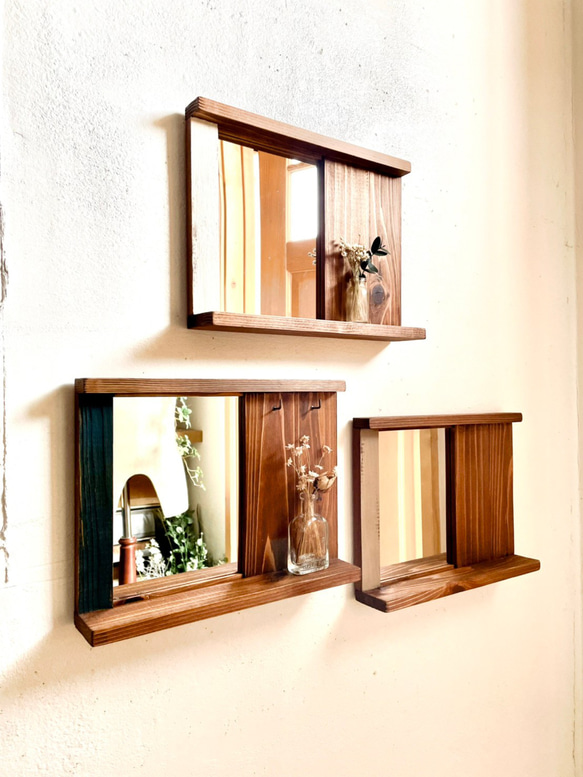 木製コンパクト壁掛け鏡・選べる4カラー・壁掛けミラー・ウォールミラー・鏡・フック・シェルフ 16枚目の画像
