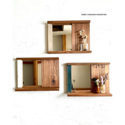 木製コンパクト壁掛け鏡・選べる4カラー・壁掛けミラー・ウォールミラー・鏡・フック・シェルフ 1枚目の画像