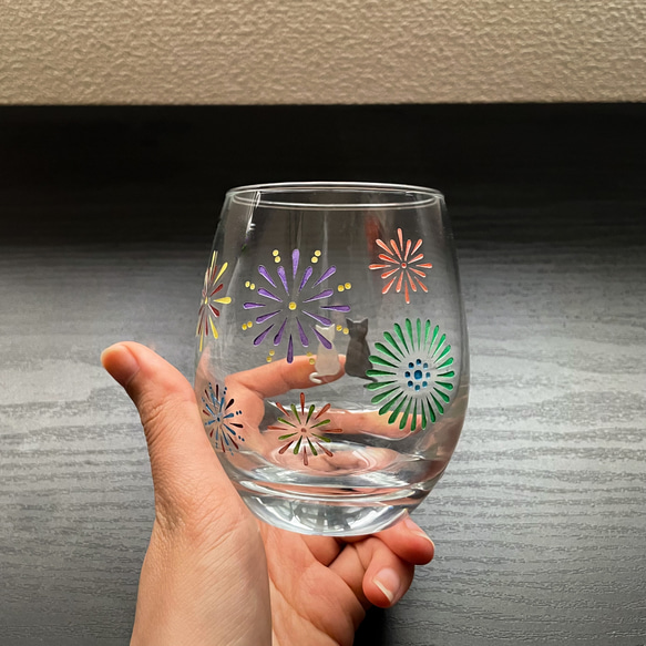 花火とネコのグラス ◇ ガラスコップ 夏 花火 2枚目の画像