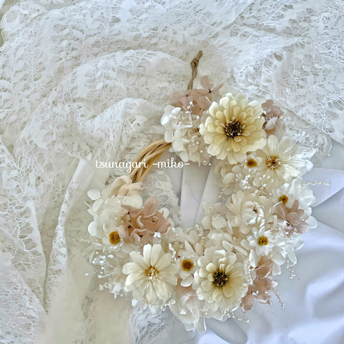 人気のホワイトアナベルリース プリザーブドフラワー tsunagari