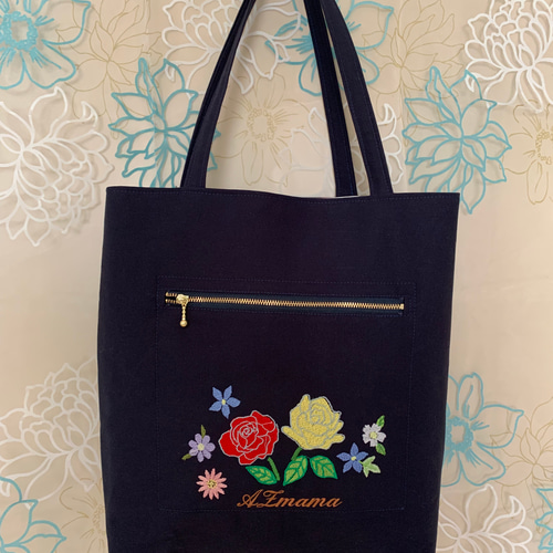 お花刺繍縦長トートバッグ 楽しい色 トートバッグ AZmama 通販