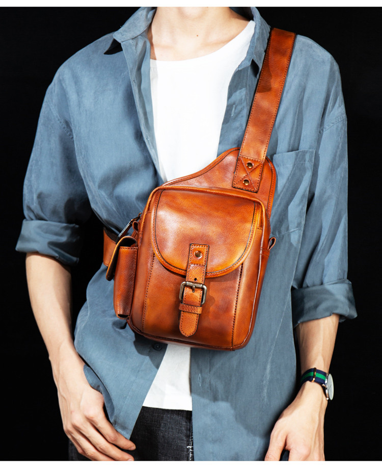 復古本革ボディバッグ 植物タンニン鞣し牛革のウエストポーチ