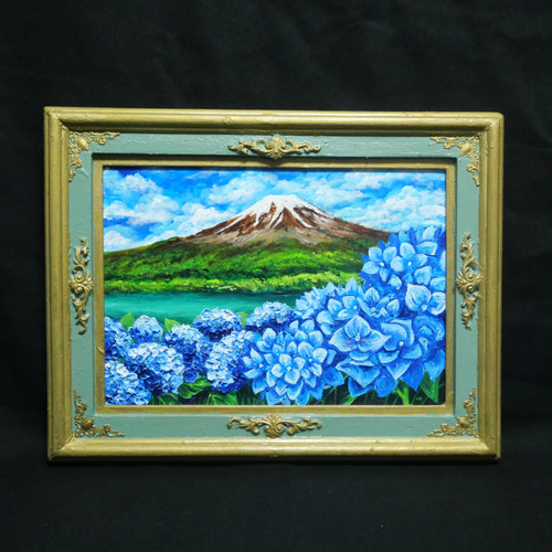 油絵 油彩 油彩画 絵 絵画【富士山と紫陽花】 絵画 HR 通販