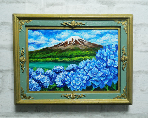 油絵 油彩 油彩画 絵 絵画【富士山と紫陽花】 絵画 HR 通販