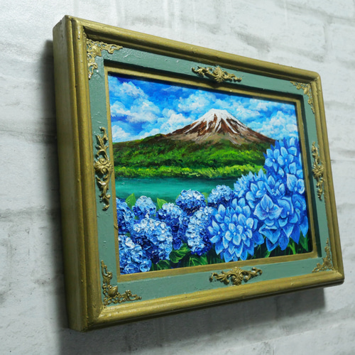●『紫の富士』●がんどうあつし絵画油絵F3号ホワイト額縁付●モーヴ富士山月太陽 ○『紫の富士』○がんどうあつし絵画油絵F3号ホワイト額縁付
