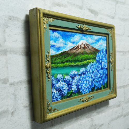 油絵 油彩 油彩画 絵 絵画【富士山と紫陽花】 絵画 HR 通販