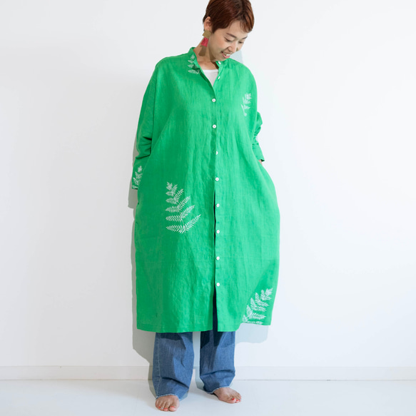 立領襯衫裙/鮮綠手繪蕨 第2張的照片