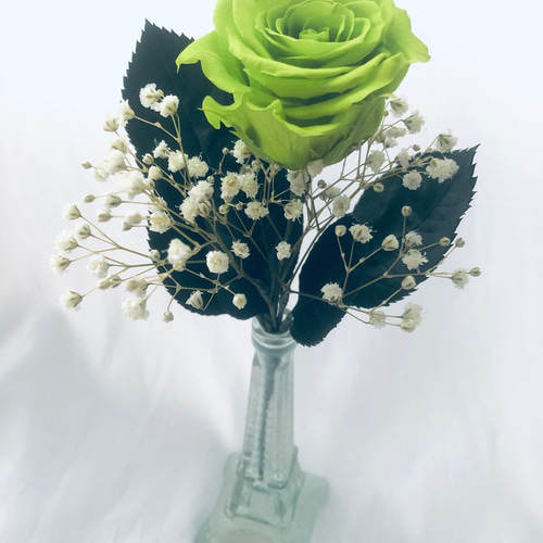 プリザーブドフラワー　かすみ草　ウェディング　ドライフラワー プリザーブドフラワー／緑色の薔薇とかすみ草のふんわり一輪ラッピング