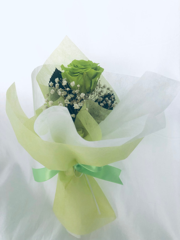 プリザーブドフラワー／緑色の薔薇とかすみ草のふんわり一輪ラッピング