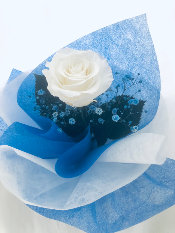 プリザーブドフラワー／白薔薇とブルーかすみ草のふんわり一輪