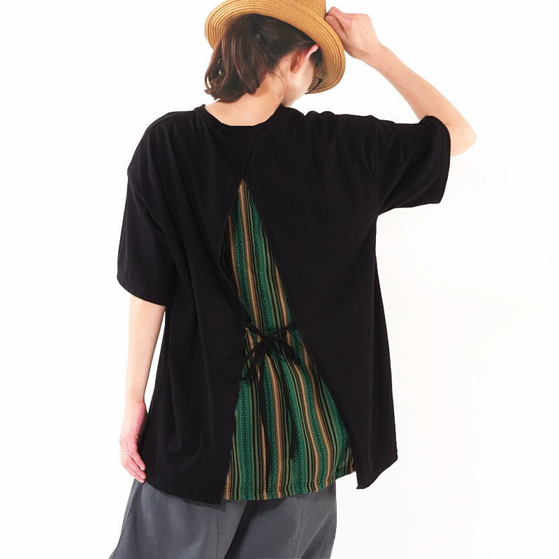 リボンアレンジでデザイン＊レイヤード風＊ドロップショルダー＊5分袖＊カットソー＊Tシャツ＊チュニック＊ブラック 5,375円