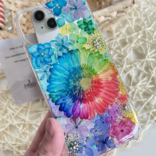 レインボーガーベラのフルオーダーメイド押し花スマホケース レインボーガーベラのフルオーダーメイド押し花スマホケース
