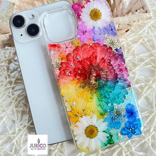 レインボーガーベラのフルオーダーメイド押し花スマホケース レインボーガーベラのフルオーダーメイド押し花スマホケース