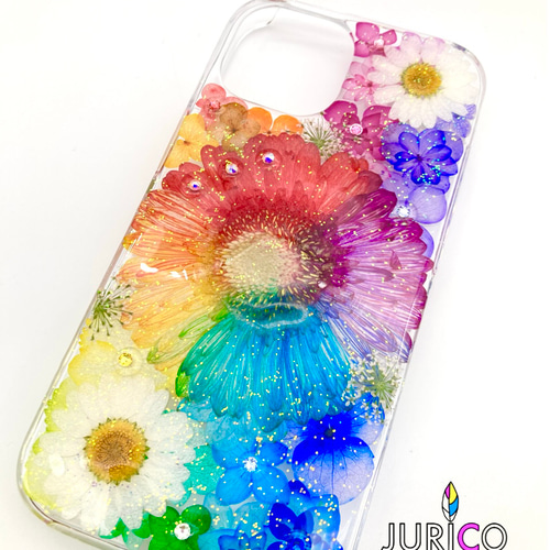 レインボーガーベラのフルオーダーメイド押し花スマホケース レインボーガーベラのフルオーダーメイド押し花スマホケース