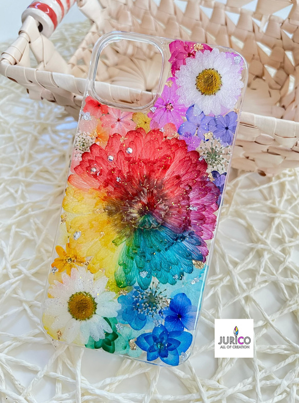 レインボーガーベラのフルオーダーメイド押し花スマホケース レインボーガーベラのフルオーダーメイド押し花スマホケース