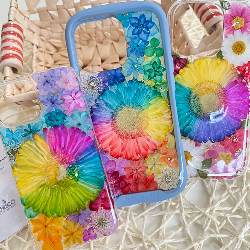レインボーガーベラのフルオーダーメイド押し花スマホケースiphone
