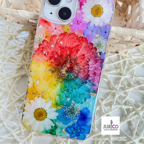 レインボーガーベラのフルオーダーメイド押し花スマホケース レインボーガーベラのフルオーダーメイド押し花スマホケース