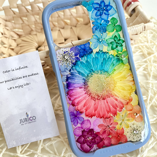 レインボーガーベラのフルオーダーメイド押し花スマホケース