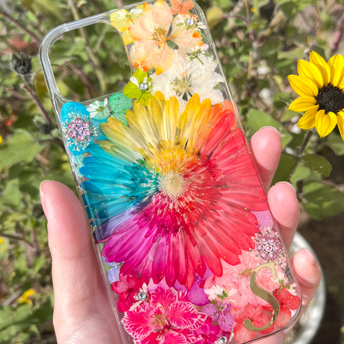 レインボーガーベラのフルオーダーメイド押し花スマホケースiphone