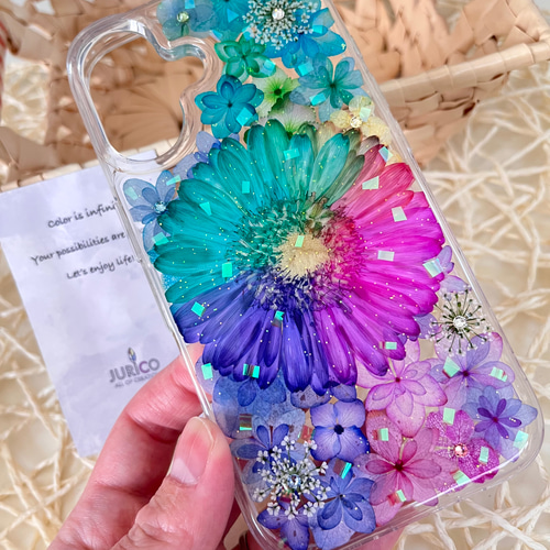 レインボーガーベラのフルオーダーメイド押し花スマホケースiphone