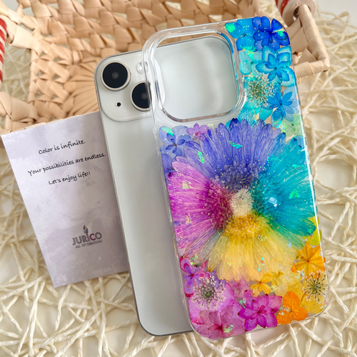 レインボーガーベラのフルオーダーメイド押し花スマホケース