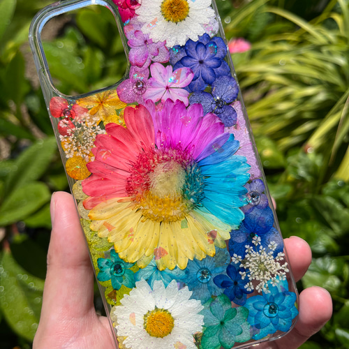 レインボーガーベラのフルオーダーメイド押し花スマホケースiphone