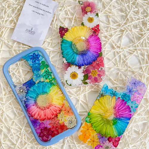 レインボーガーベラのフルオーダーメイド押し花スマホケースiphone