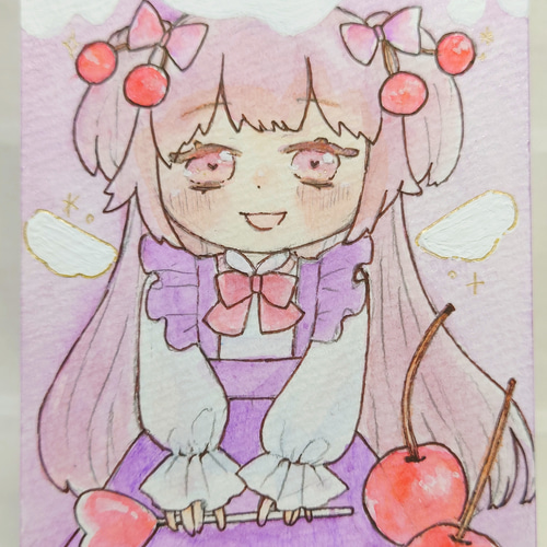手描きイラストミニ色紙「さくらんぼ」