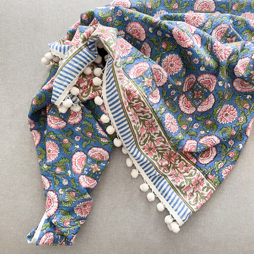 インド綿(ブロックプリント)の大判ストール*Blue + pink*[Creema限定