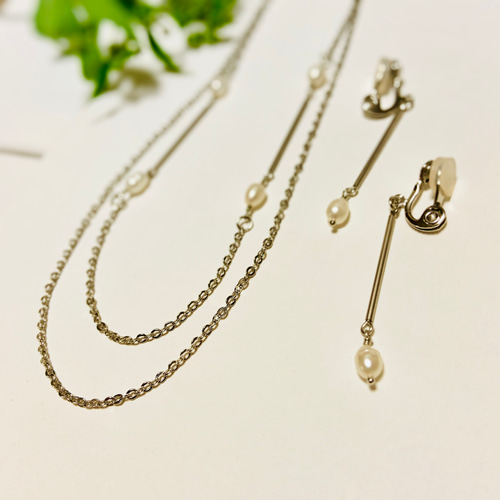 受注制作】２連チェーンの淡水パールネックレス&イヤリング/ピアス